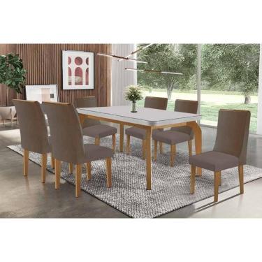 Imagem de Mesa Cozinha Londrina c/ Tampo Madeirado c/ Vidro Canto Curvo 180x90cm e 6 Cadeiras Dakota Madeira Maciça Naturale/Off White - Capuccino/Suede Capucci