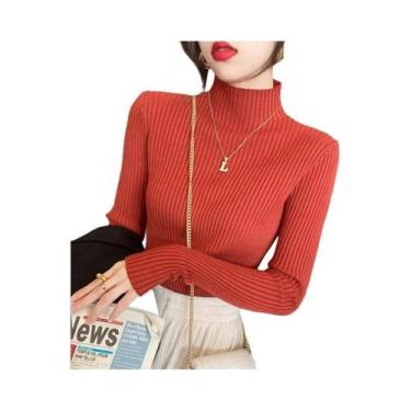Imagem de Suéter Feminino De Tricô Gola Alta Manga Longa Slim Fit - Blusa De Inv