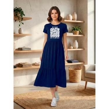 Imagem de Vestido Midi Três Marias Feminino Aveloz Estampa No Rain No Flowers Azul marinho-Feminino