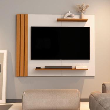 Imagem de Painel Para Tv Até 65 Polegadas Detalhe Ripado Com Prateleiras Aden Off White / Madeirado