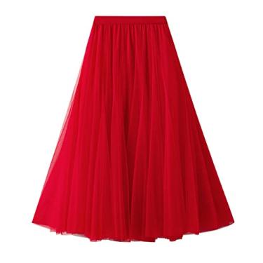Imagem de NJNJGO Saia maxi feminina em camadas, cintura elástica saia tutu tule saia plissada anágua, Vermelho B, One Size