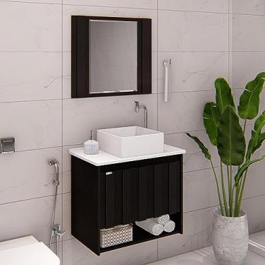 Imagem de Conjunto de Banheiro Gabinete Suspenso Ripado 1 Gaveta Interna com Espelheira e Cuba Treviso Preto/branco