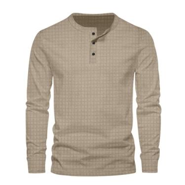 Imagem de Camisetas masculinas de manga comprida xadrez cor sólida abotoadas gola redonda pulôver camisetas casuais, Cáqui, XXG
