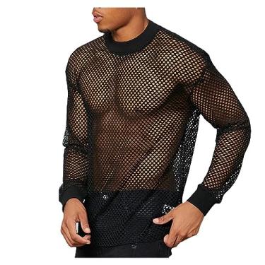 Imagem de Camiseta masculina respirável de manga comprida com gola redonda e ombro caído, malha de algodão, Preto, M