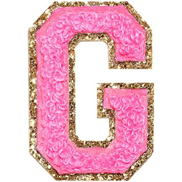 Imagem de 3 Pçs Chenille Letter Patches Ferro em Patches Glitter Varsity Letter Patches Bordado Bordado Borda Dourada Costurar em Patches para Vestuário Chapéu Camisa Bolsa (Rosa, G)