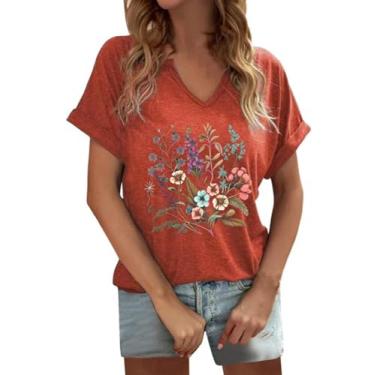 Imagem de Camiseta feminina vintage com estampa de flores e gola V, estampa de flores boêmias, casual, botânica, manga curta, Laranja - 1, XXG