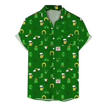 Imagem de Camisetas havaianas estampadas do Dia de São Patrício para homens, camisas Ahola de manga curta com botões e modelagem regular, 011-verde, M