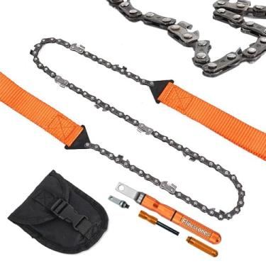 Imagem de MTKZKAF Motosserra de bolso 101,6 cm Serra de acampamento de sobrevivência de aço resistente - serra manual de corrente dobrável com acionador de fogo para acampamento, caça, corte a pé, madeira,