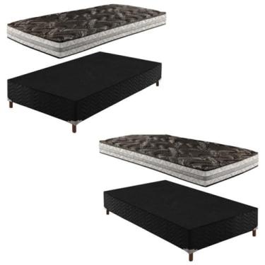Imagem de 2 Bases Box Solteiro Íris 42x88x188cm com Kit com 2 Colchões Solteiro Unique D33 Plus 14x88x188cm Preto Elegancy