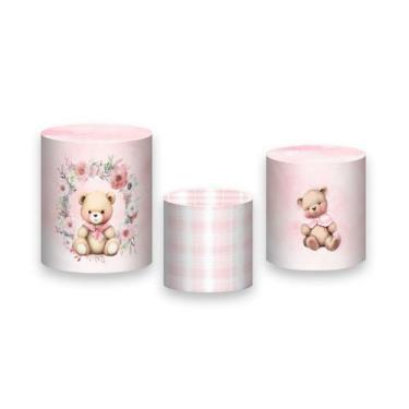 Imagem de Trio de Capas de Cilindro - Ursinha Rosa com Flores e Laço 072 - Via C