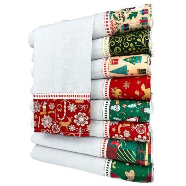 Imagem de Pano De Prato Barrado Tricoline Estampa De Natal KIt C/ 5 Un - DRKZA