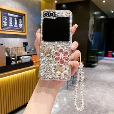 Imagem de Bling Pink Pearl Flower Silver Diamond Glitter Case para Samsung Galaxy Z Flip 6 Z Flip5 Z Flip4 Luxo Crystal Strap Clear Cover, 1, para Z Flip 4