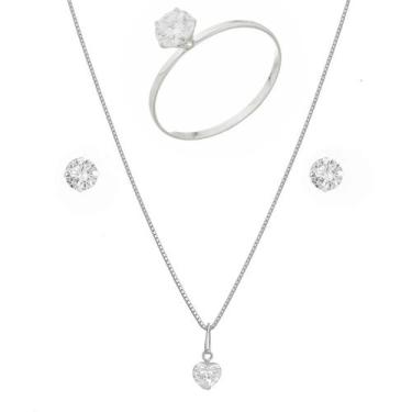 Imagem de Colar Feminina 50cm Prata 925 Conjunto Brinco Pingente Anel - DR Joias