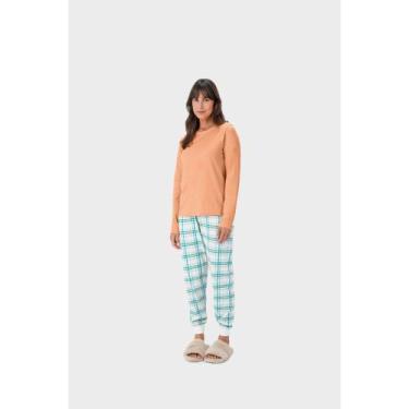 Imagem de Pijama Feminino Meia Malha Manga Longa Malwee Ref. 117595, Laranja, XG