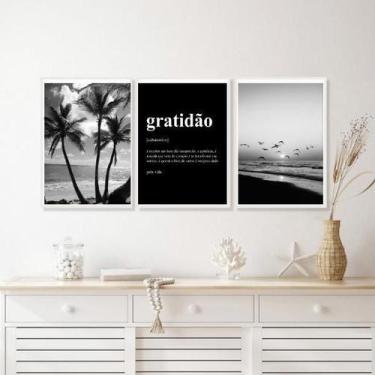 Imagem de Kit 3 Quadros Praia Preto E Branco Gratidão Significado - Quadros On-L