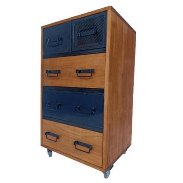 Imagem de Cômoda de Madeira e Ferro - Modelo Industrial - Com 5 Gavetas e 4 Rodí