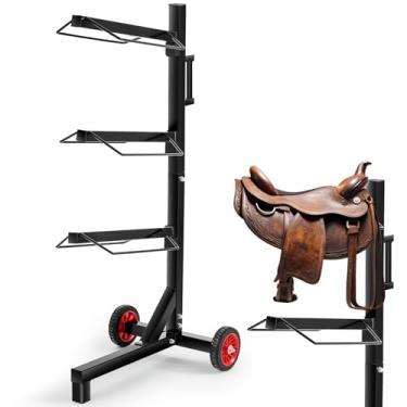 Imagem de Abbylike Suporte de selim portátil de 3 níveis com rodas suporte de sela resistente para sela armazenamento de cavalos para selas ocidentais inglesas e acessórios de suprimentos de barraca