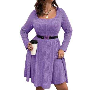 Imagem de Vestido feminino plus size casual gola quadrada manga lanterna longa gravata cintura pulôver pulôver solto, Roxowhn0-cinto, GG