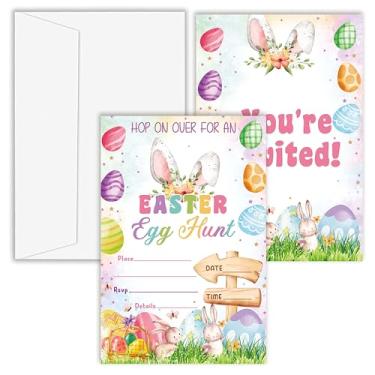 Imagem de OXRUN Convites de festa de caça ao ovo de Páscoa, conjunto de 25 convites de festa de coelhinho da Páscoa da primavera com envelopes, suprimentos de decoração de festa coloridos - A02