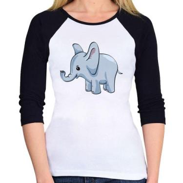 Imagem de Baby Look Raglan Elefante Bebê Manga 3/4 - Foca na Moda, Branco, Preto