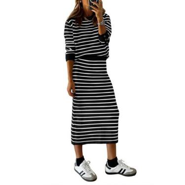Imagem de Conjunto de Suéter e Saia Midi Feminina PRETTYGARDEN - Listras Pretas
