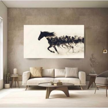 Imagem de Quadro Tela Decoração Cavalos Correndo 90x60 Paisagem Grande Arte Preto e Branco Armação Canvas Luxo