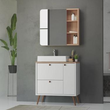 Imagem de Conjunto completo de Banheiro mdf com Armário e Gabinete com Pés Com Espelheira e Cuba Madri