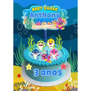 Imagem de Topo de Bolo Baby Shark Personalizado com Nome, Decoração de Festa Infantil, Tema Fundo do Mar!