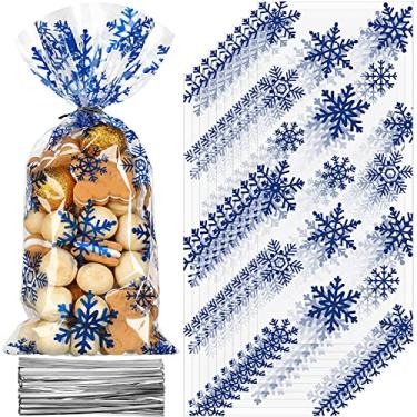 Imagem de Outus 100 sacos de presente de celofane de Natal, sacos de plástico para violoncelo de Natal com laços torcidos para doces, biscoitos, guloseimas, embrulho de presente, suprimentos de festa de Natal