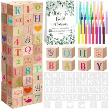 Imagem de 147 Pcs Baby Shower Blocks to Decorate Games Kit Includes Decorate a Block Game Sign 80 DIY Blank Wooden Block 42 Stencils 24 Marker Baby Shower Prize for Decoration Gender Reveal Baby Shower Games