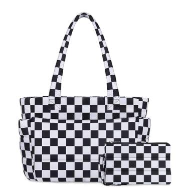 Imagem de TOPDesign Bolsa feminina acolchoada com compartimentos, bolsa de ombro acolchoada para trabalho, viagens, academia, Tabuleiro de xadrez, Large