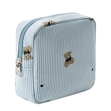 Imagem de RSRSLEII Linda bolsa de maquiagem de veludo cotelê com zíper para bolsa, bolsa estética Coquette com estampa de urso para mulheres e meninas, bolsa de batom com bolso para chave, porta-cartões