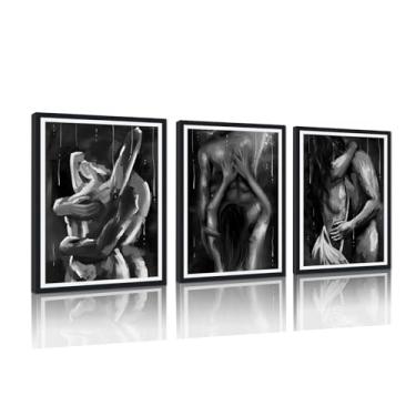 Imagem de Impressão em tela emoldurada para quarto arte de parede casal íntimo pôsteres sexy mulher e homem arte sensual para decoração de apartamento spa casa pronto para pendurar 30 x 40 cm x 3 peças preto