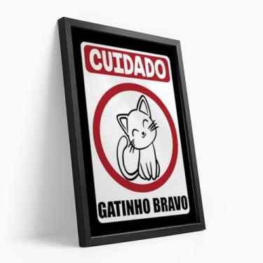 Imagem de Quadro Decorativo Cuidado Gatinho Bravo Com Moldura Aviso Divertido Sinal Pet Humor Gato Preto e Branco Engraçado Visual Estampa Fofa