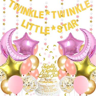Imagem de Twinkle Twinkle Little Star – Decorações de chá de bebê ou festa de aniversário para meninas, lua e balões de estrelas, guirlanda de papel, confetes rosa e dourado