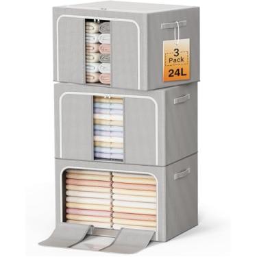 Imagem de LeArex Cestos de armazenamento de roupas com moldura de metal caixa de armazenamento dobrável organizadores de roupas recipientes de armazenamento para roupas, lençóis, cobertores, livros, brinquedos