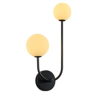 Imagem de LBSQJ Luminária De Parede Preta Com 2 Luzes, Moderna De Meados Do Século, Com Globo De Vidro Leitoso, Luminária De Parede Interna Para Sala De Estar, Quarto E Corredor (Pacote Com 1)