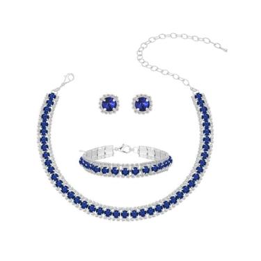 Imagem de Conjunto Colar Brinco Pulseira Choker Gargantilha Rivieira Zircônia Cúbica Dourado Prata Azul- Casamento Festa Formatura Debutante - Presente Noiva Namorada Mãe - Minimalista Elegante (Azul-Prateado)