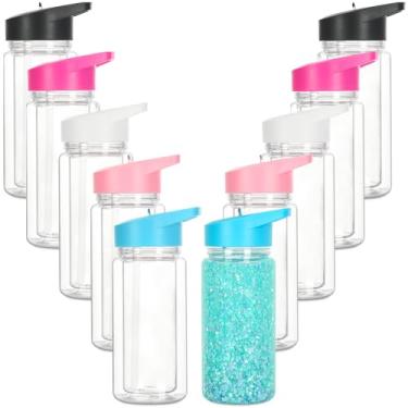 Imagem de Tswofia Pacote com 10 copos de globo de neve de plástico de 293 ml para crianças com orifício e plugue pré-perfurados, garrafa de água esportiva de parede dupla à prova de vazamento com alça portátil