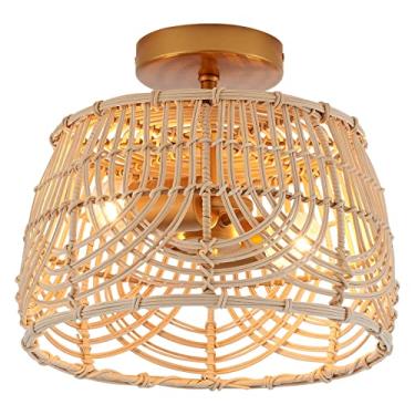 Imagem de MhyTogn Luminária de teto de montagem embutida em latão de bambu de vime para entrada de quarto, corredor, cozinha, corredor, passagem, 2 luzes