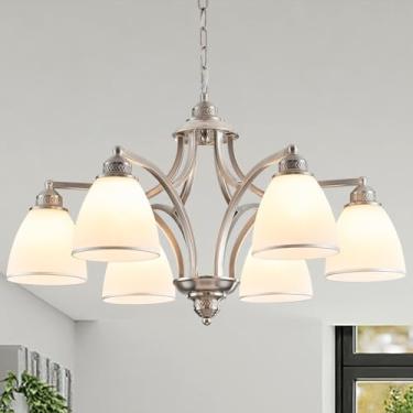 Imagem de BEIOPBRN Lustre de fazenda de níquel escovado de 6 luzes para sala de jantar com persianas de vidro fosco branco leite ajustável comprimento máximo 119 cm luminárias para cozinha, sala de estar, hall