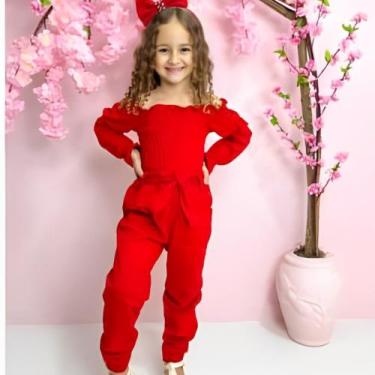 Imagem de Macacão infantil menina Tia Dani Kids elastex Curto, Vermelho, 4