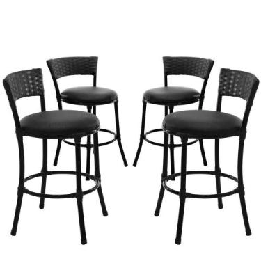 Imagem de 4 Banquetas Forts Baixa Fibra Sintética Ferro Assento Estofado Preto -