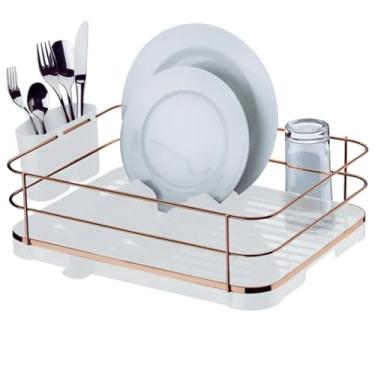Imagem de Escorredor De Louças Talheres 12 Pratos Bandeja De Escoamento Branco Aço Rose Gold
