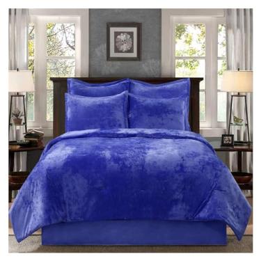 Imagem de Conjunto de edredom com rosto de veludo envelhecido e microfibra lisa escovada, cinza reverso, 5 peças, enchimento leve de poliéster macio, conjunto de cama (queen azul)