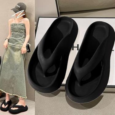 Imagem de Chinelos de fundo grosso aumentam a altura para uso externo sandálias antiderrapantes chinelos femininos verão praia praia praia litoral, preto 6-6,5 (menos de um tamanho)