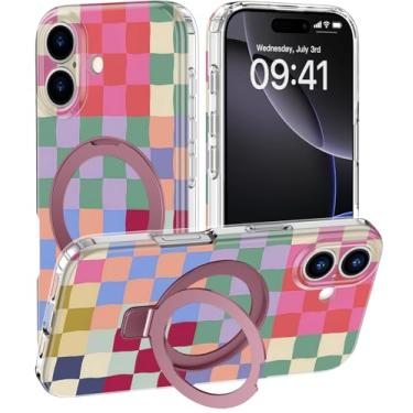 Imagem de DEENAKIN Capa para iPhone 17 – Compatível com carregamento sem fio – Suporte multifuncional integrado – Capa protetora à prova de choque com designs bonitos da moda para mulheres – Tabuleiro de xadrez