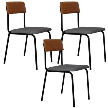 Imagem de Kit 03 Cadeiras Estofada Para Sala De Jantar Sense Preto C01 Linho Cinza Claro Courino Caramelo - Lyam Decor