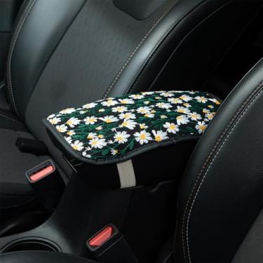 Imagem de Flores bordadas preto bonito margarida carro apoio de braço tapete caixa de armazenamento, capa de console central de carro bordada, acessórios de capa de caixa de assento de carro proteção interior