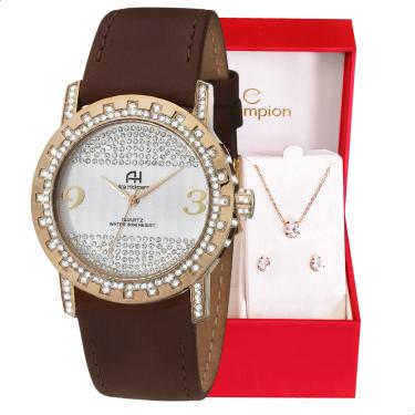 Imagem de Kit Relógio Feminino Champion Ana Hickmann Marrom Couro Analógico AH28400Z Cristais